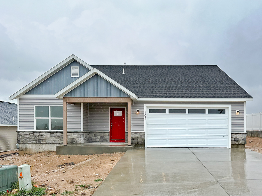 Home from Shirley floor plan featuring 3 bedrooms, 2.5 bathrooms, 2 car garage. Beautiful silver finishes, striking red door, grey color scheme exterior.